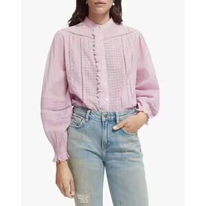 Scotch & Soda Schiffli Blouse M Black Organic Cotton Eyelet Lace Balloon Sleeve